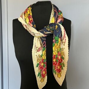 Vintage Basile Pleated Silk Scarf  Navy Floral Chain Print Italy